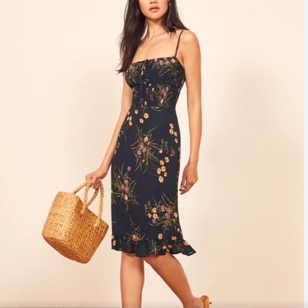 REFORMATION Navy Floral Genie Midi Dress Size 8